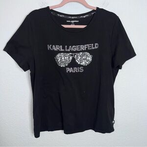 Karl Lagerfeld T Shirt Top Women’s Large Black Studded Sequin Sunglasses  HH